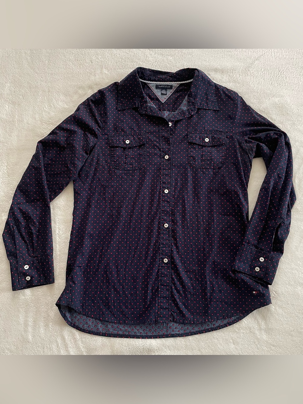 Tommy Hilfiger Navy Blue Polka Dot Button Down Shirt size L